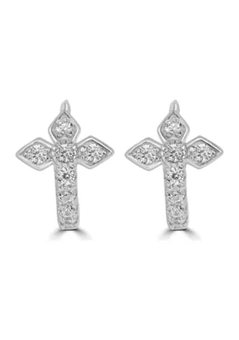 Sterling Silver Cubic Zirconia Cross Huggie Hoop Earrings