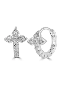 Sterling Silver Cubic Zirconia Cross Huggie Hoop Earrings