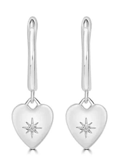 Sterling Silver with Cubic Zirconia Heart Charm Huggie Hoop Earrings