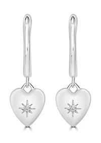 Sterling Silver with Cubic Zirconia Heart Charm Huggie Hoop Earrings