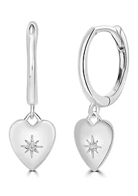 Sterling Silver with Cubic Zirconia Heart Charm Huggie Hoop Earrings