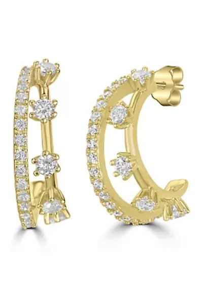 Gold Plated Sterling Silver Star Design Double Row Hoop Earrings