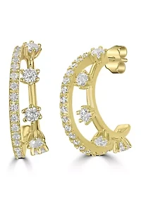 Gold Plated Sterling Silver Star Design Double Row Hoop Earrings