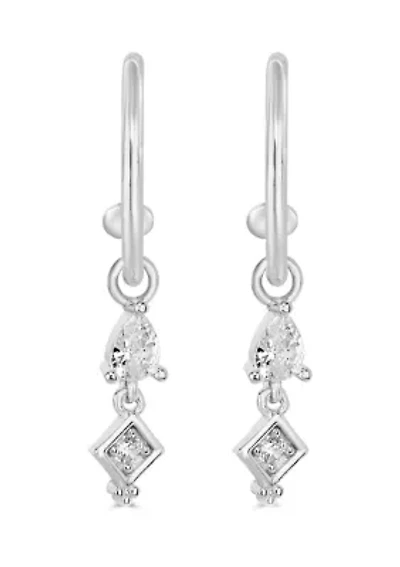 Sterling Silver Cubic Zirconia Charm Drop Hoop Earrings