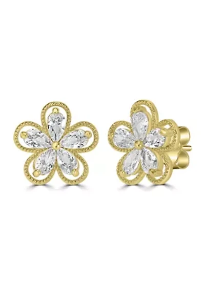 Gold Plated Cubic Zirconia Flower Stud Button Earrings