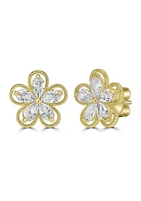 Gold Plated Cubic Zirconia Flower Stud Button Earrings