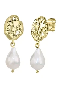 Gold Plated Pearl Leaf Drop Earrings