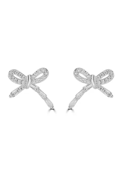Sterling Silver Pave Cubic Zirconia Delicate Bow Stud Earrings