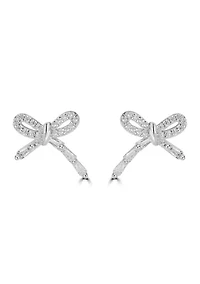 Sterling Silver Pave Cubic Zirconia Delicate Bow Stud Earrings