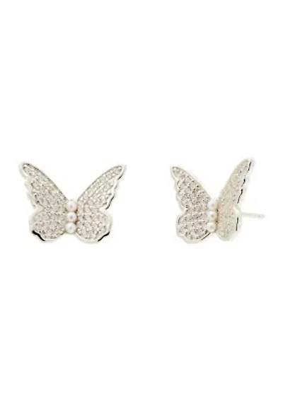Sterling Silver Pavé Cubic Zirconia Freshwater Pearl Butterfly Stud Earrings