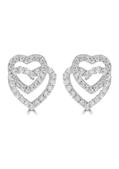 Sterling Silver Pavé Cubic Zirconia Open Double Heart Stud Earrings