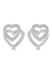 Sterling Silver Pavé Cubic Zirconia Open Double Heart Stud Earrings