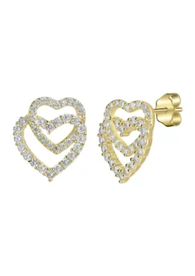 Sterling Silver Pavé Cubic Zirconia Open Double Heart Stud Earrings