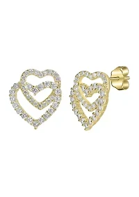 Sterling Silver Pavé Cubic Zirconia Open Double Heart Stud Earrings