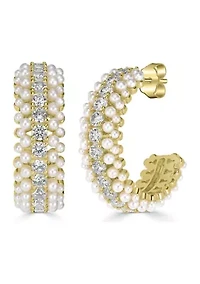 Gold Plated Cubic Zirconia Pearl Hoop Earrings
