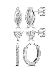 Silver Plated Cubic Zirconia Stud/Hoop Trio Earring Set