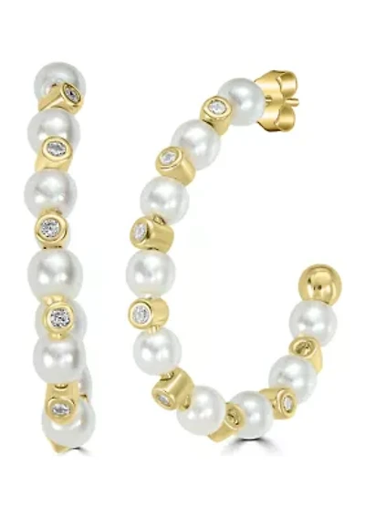 Gold Plated Cubic Zirconia Synthetic Pearl Bead Hoop Earrings