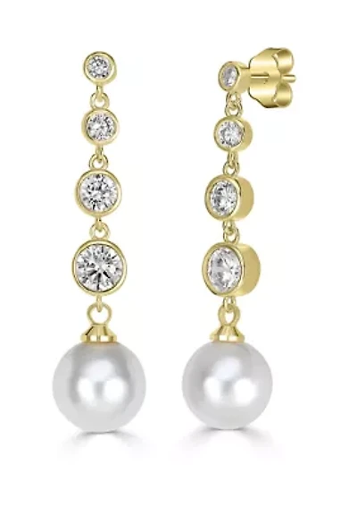 Gold Plated Graduated Cubic Zirconia Pearl Dangle Linear Earrings