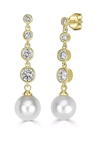 Gold Plated Graduated Cubic Zirconia Pearl Dangle Linear Earrings