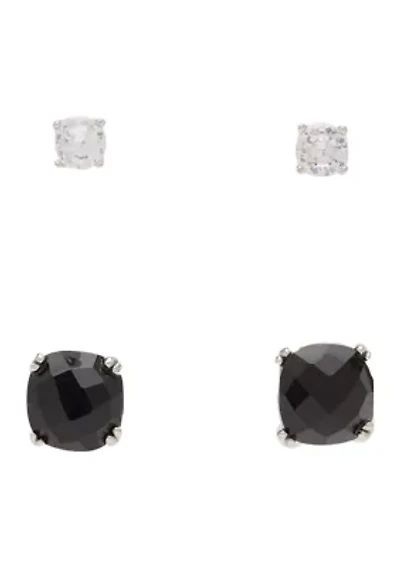 Sterling Silver Onyx and Cubic Zirconia Stud Earrings Set 