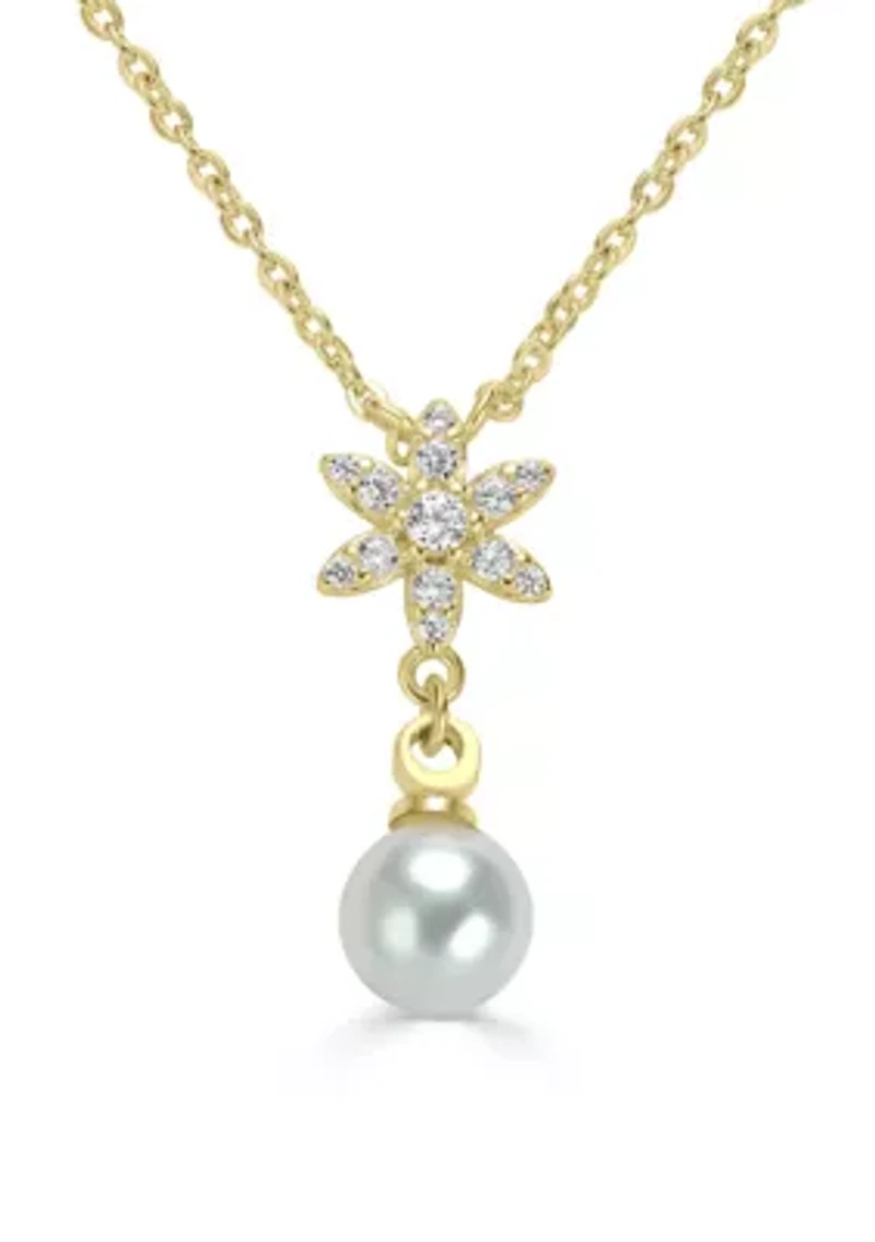 Gold Plated Flower and Cubic Zirconia Pearl Drop Pendant Necklace