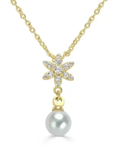 Gold Plated Flower and Cubic Zirconia Pearl Drop Pendant Necklace
