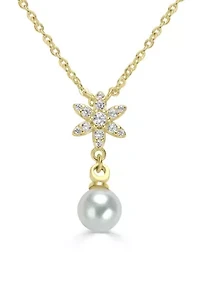 Gold Plated Flower and Cubic Zirconia Pearl Drop Pendant Necklace