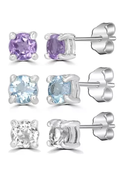 Sterling Silver 4MM Round Amethyst, Blue Topaz and White Topaz Earring Trio