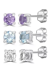 Sterling Silver 4MM Round Amethyst, Blue Topaz and White Topaz Earring Trio