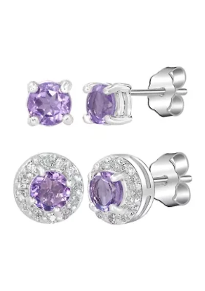 Garnet and White Topaz Stud Earring Set Sterling Silver