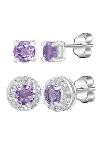 Garnet and White Topaz Stud Earring Set Sterling Silver