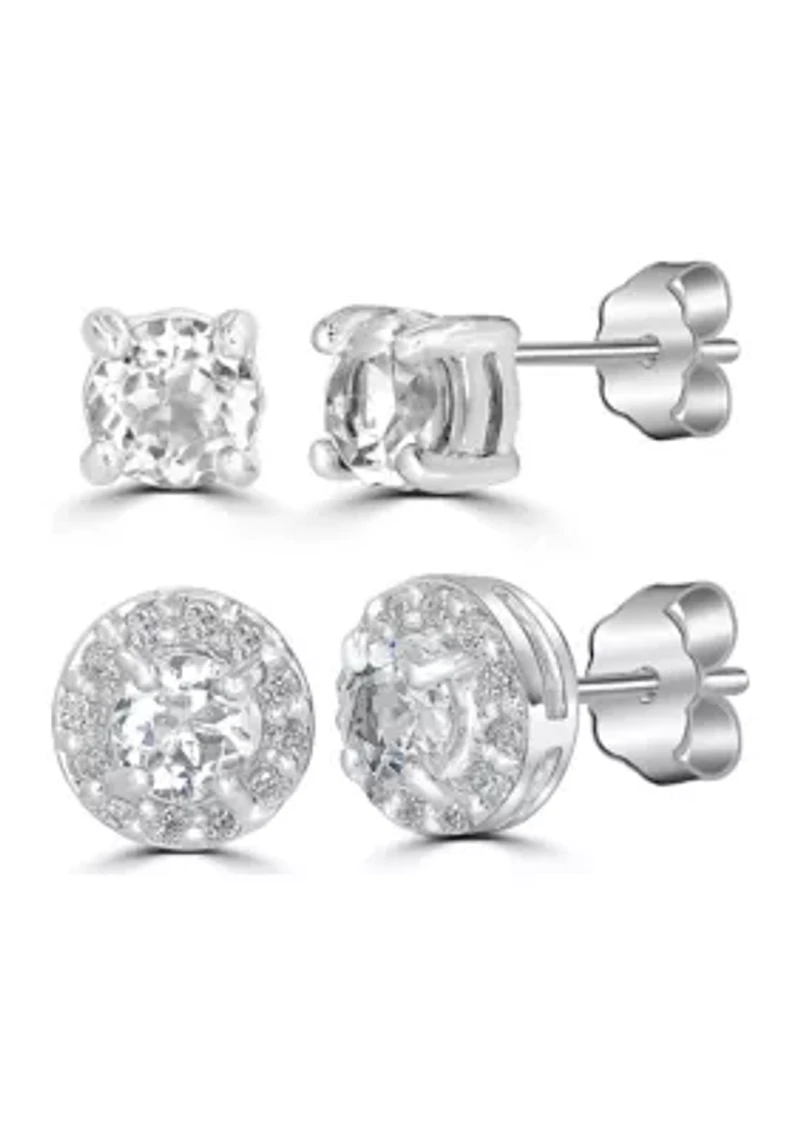 Sterling Silver 4mm Round and Halo Blue Topaz Stud Earring Duo