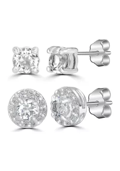 Sterling Silver 4mm Round and Halo Blue Topaz Stud Earring Duo