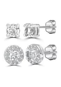 Sterling Silver 4mm Round and Halo Blue Topaz Stud Earring Duo