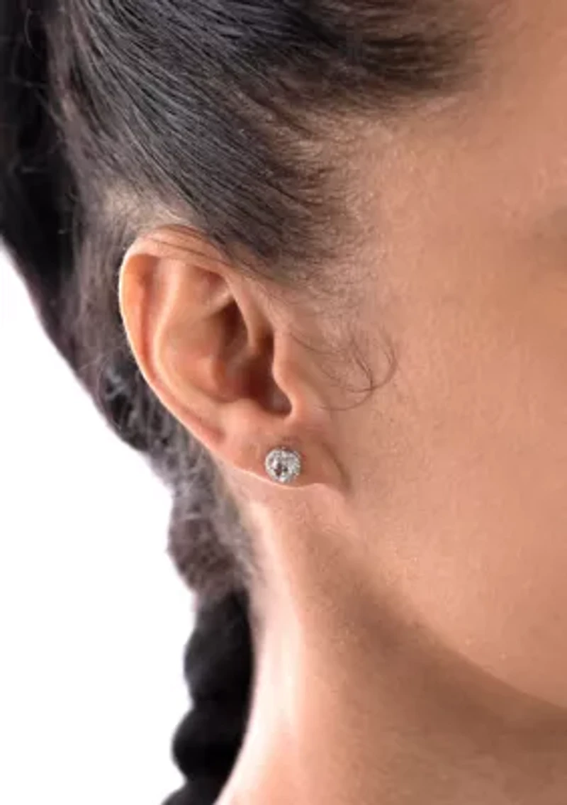 Sterling Silver 4mm Round and Halo Blue Topaz Stud Earring Duo