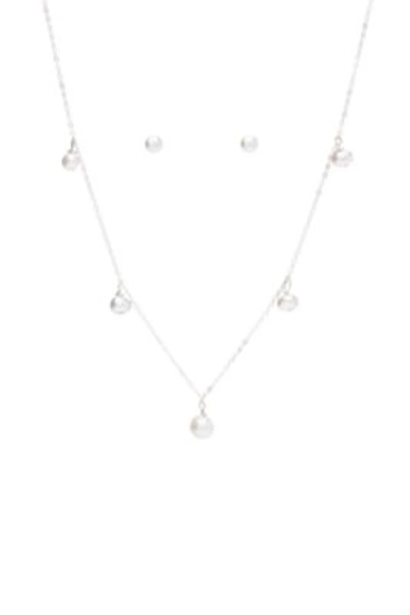 Silver Tone Pearl Station Necklace and Stud Earring Set
