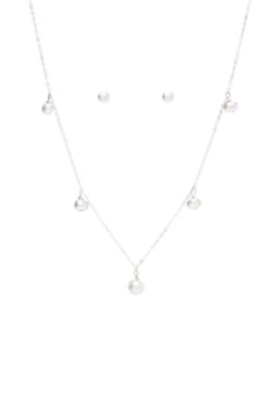 Silver Tone Pearl Station Necklace and Stud Earring Set