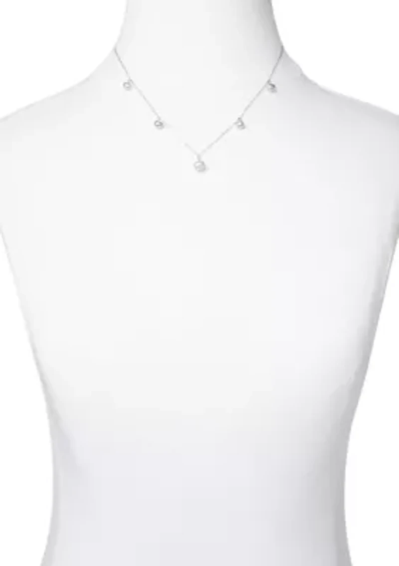 Silver Tone Pearl Station Necklace and Stud Earring Set