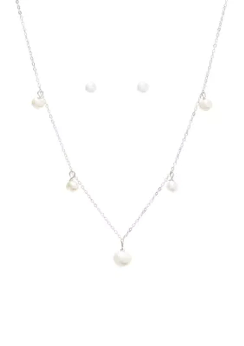 Pearl Drop Station Necklace and Stud Earrings Set