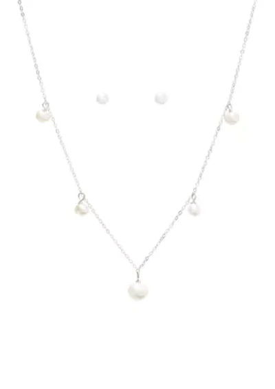 Pearl Drop Station Necklace and Stud Earrings Set