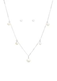 Pearl Drop Station Necklace and Stud Earrings Set