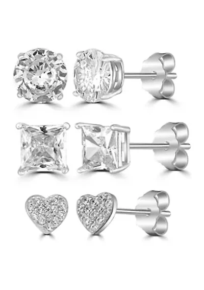 Silver Plated Round/Square/Heart Cubic Zirconia Stud Earring Trio Set