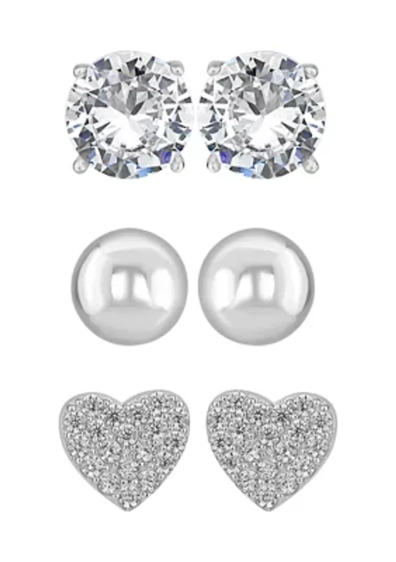 Sterling Silver Cubic Zirconia Stud, Silver Ball, and Cubic Zirconia Heart Stud Trio Earring Set - Boxed
