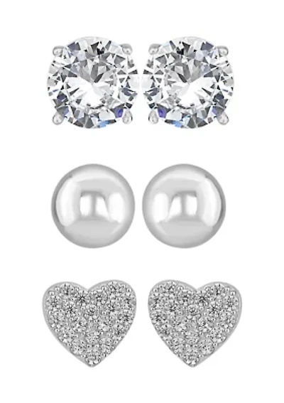 Sterling Silver Cubic Zirconia Stud, Silver Ball, and Cubic Zirconia Heart Stud Trio Earring Set - Boxed