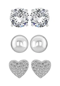 Sterling Silver Cubic Zirconia Stud, Silver Ball, and Cubic Zirconia Heart Stud Trio Earring Set - Boxed