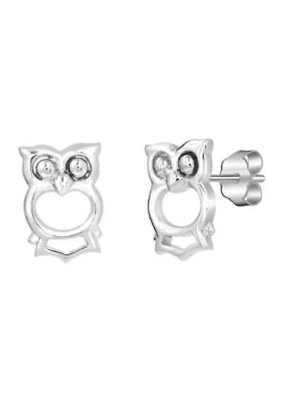 Sterling Silver Cubic Zirconia Owl Stud Earrings