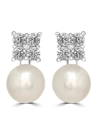 Sterling Silver Pearl and Cubic Zirconia Flower Stud Earrings