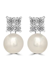 Sterling Silver Pearl and Cubic Zirconia Flower Stud Earrings