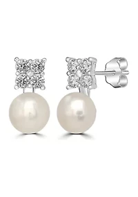 Sterling Silver Pearl and Cubic Zirconia Flower Stud Earrings