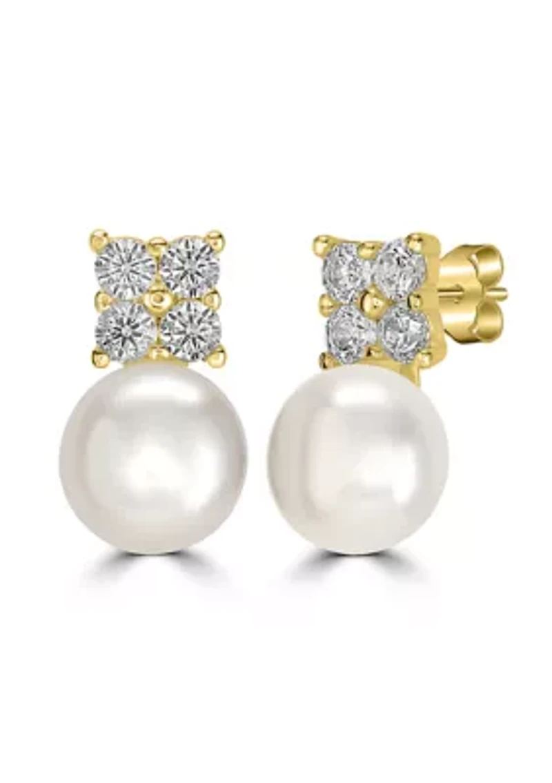 Gold-Plated Sterling Silver Pearl Cubic Zirconia Clover Stud Earrings